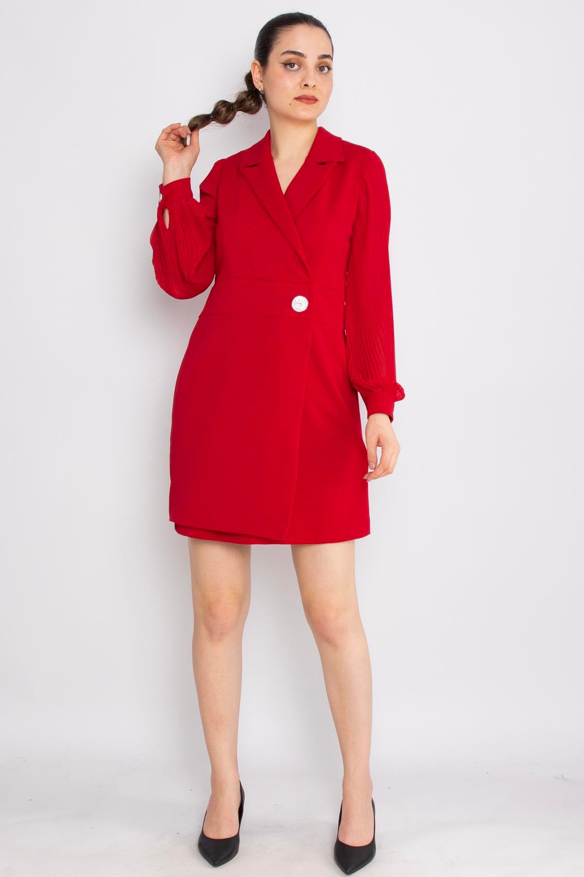 61891 Pilise Kol Kruvaze Yaka Broş Detay Kapaklı Kısa Krep Elbise