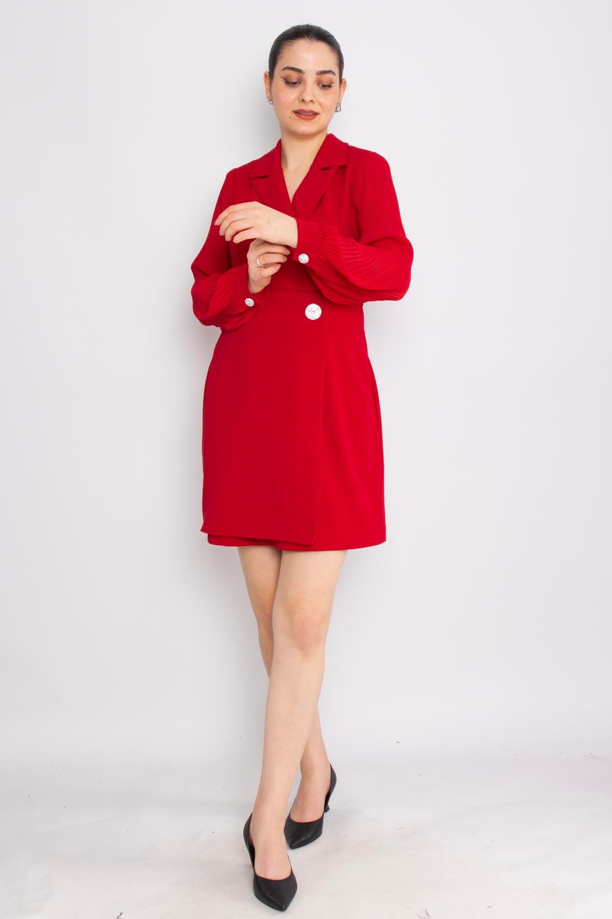 61891 Pilise Kol Kruvaze Yaka Broş Detay Kapaklı Kısa Krep Elbise