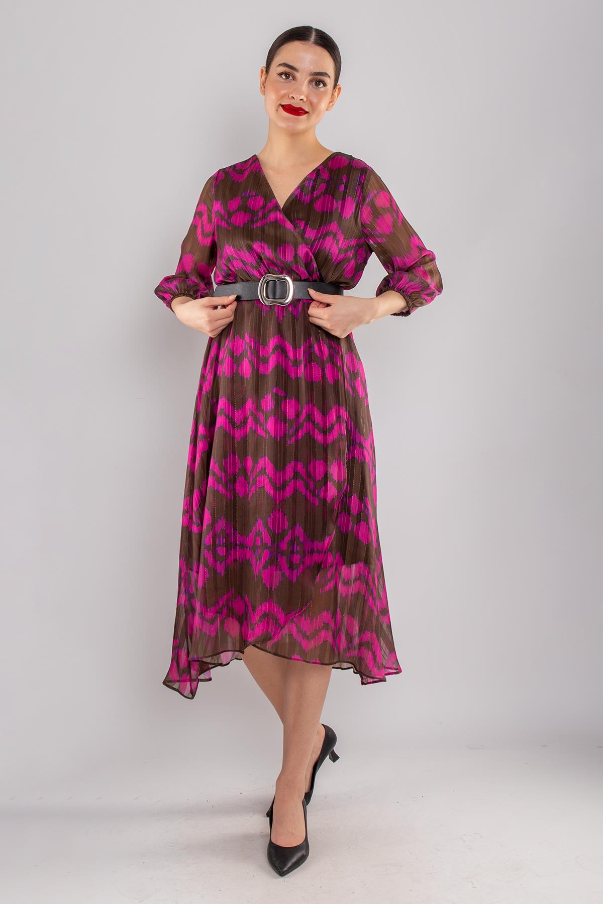 61892 Kemerli Kruvaze Yaka Desenli Simli Şifon Kısa Elbise