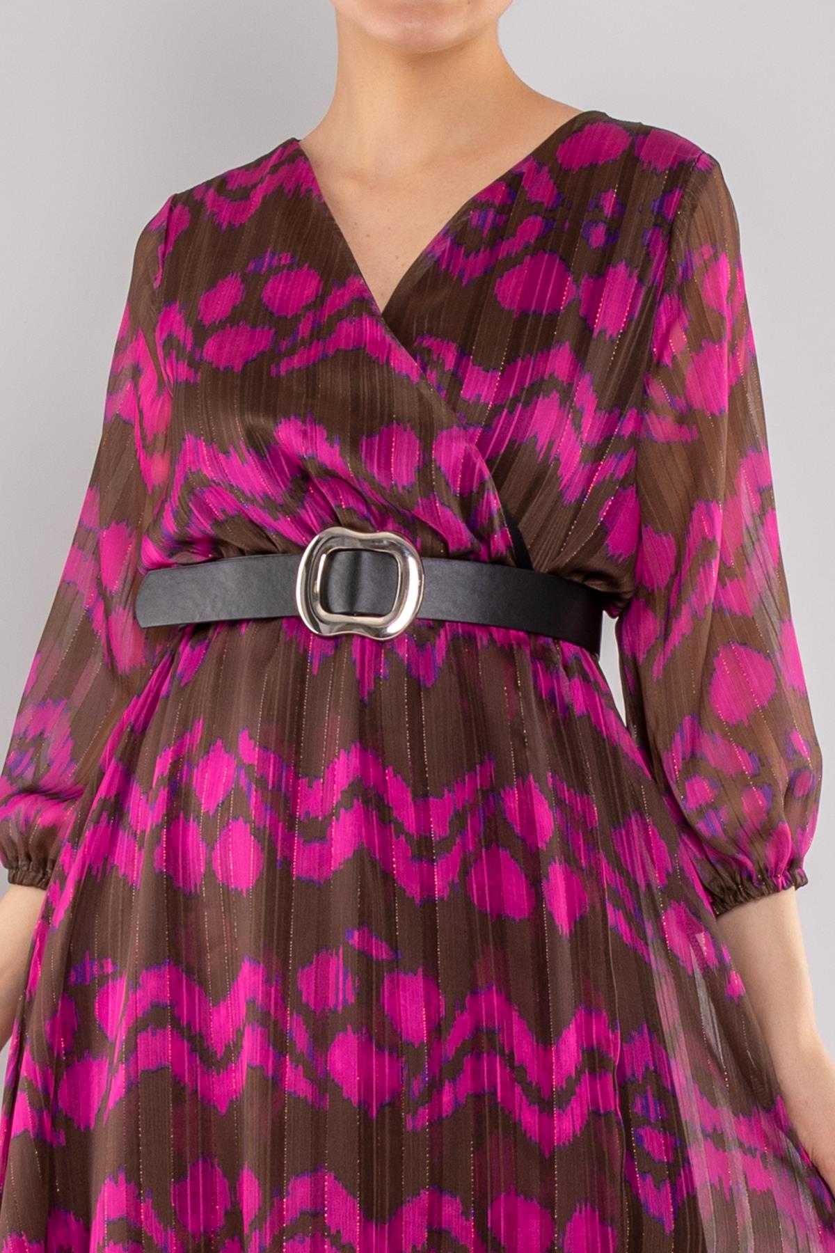 61892 Kemerli Kruvaze Yaka Desenli Simli Şifon Kısa Elbise