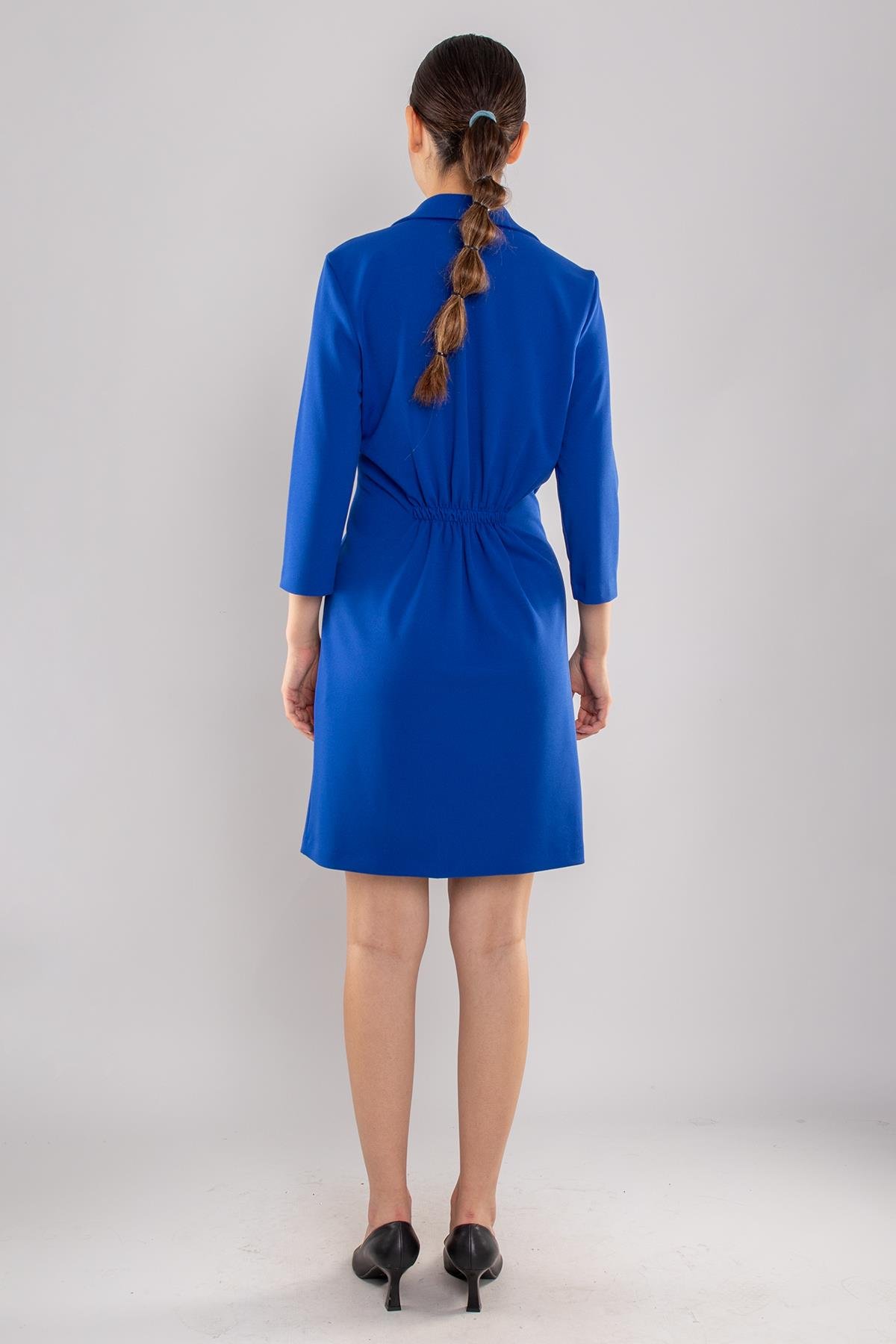 61895 Beli Lastik Yandan Drape Truvakar Kol Yakalı Krep Elbise