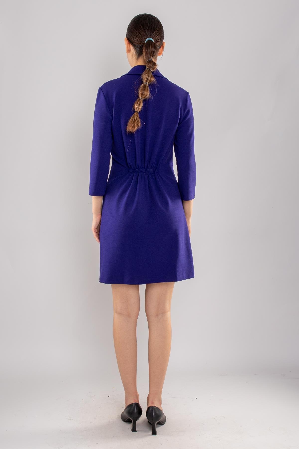 61895 Beli Lastik Yandan Drape Truvakar Kol Yakalı Krep Elbise