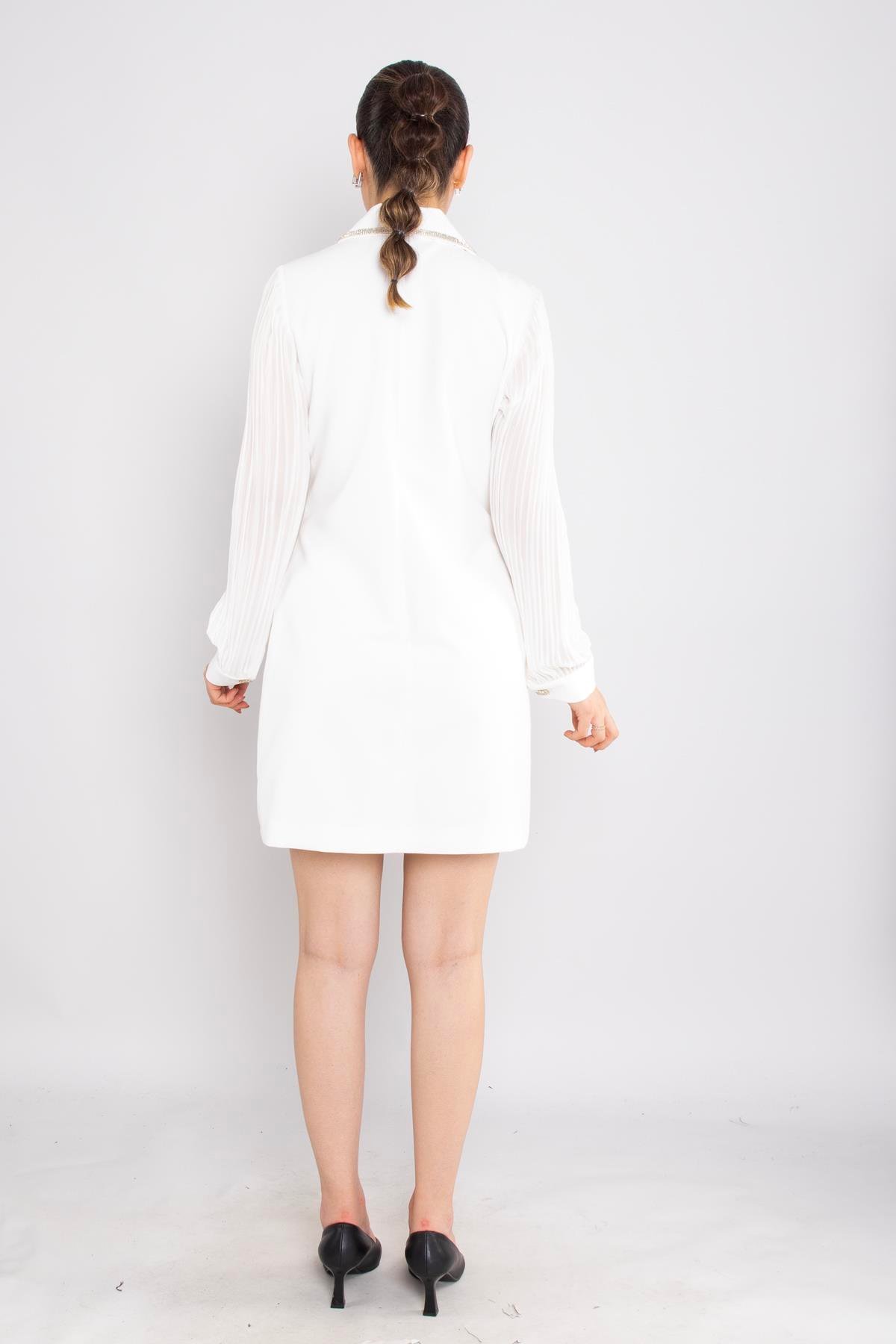 61992 Akordion Kol Yaka Taş Detay Kısa Krep Elbise