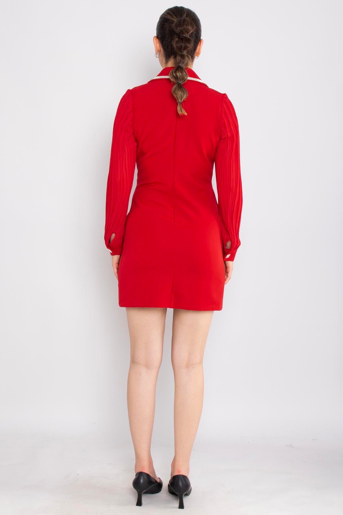 61992 Akordion Kol Yaka Taş Detay Kısa Krep Elbise