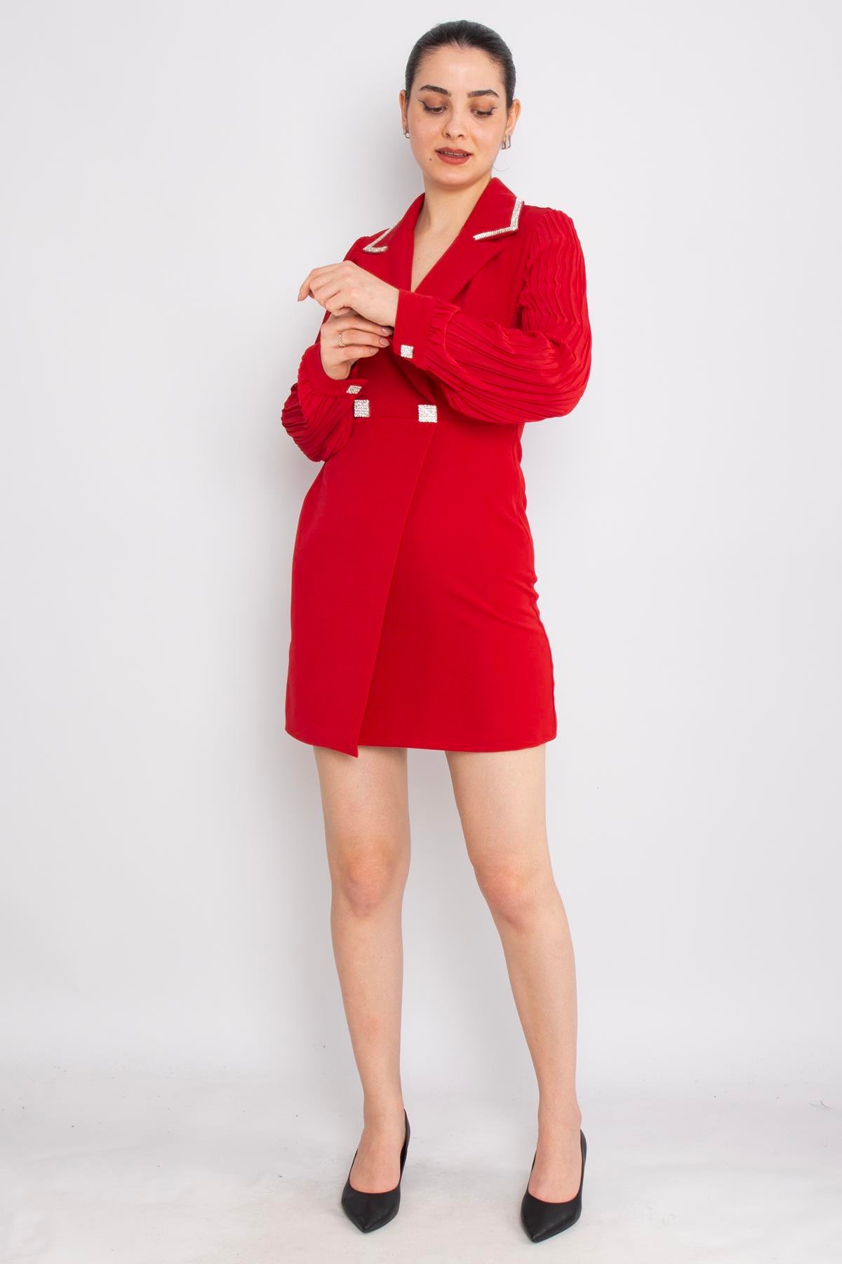 61992 Akordion Kol Yaka Taş Detay Kısa Krep Elbise