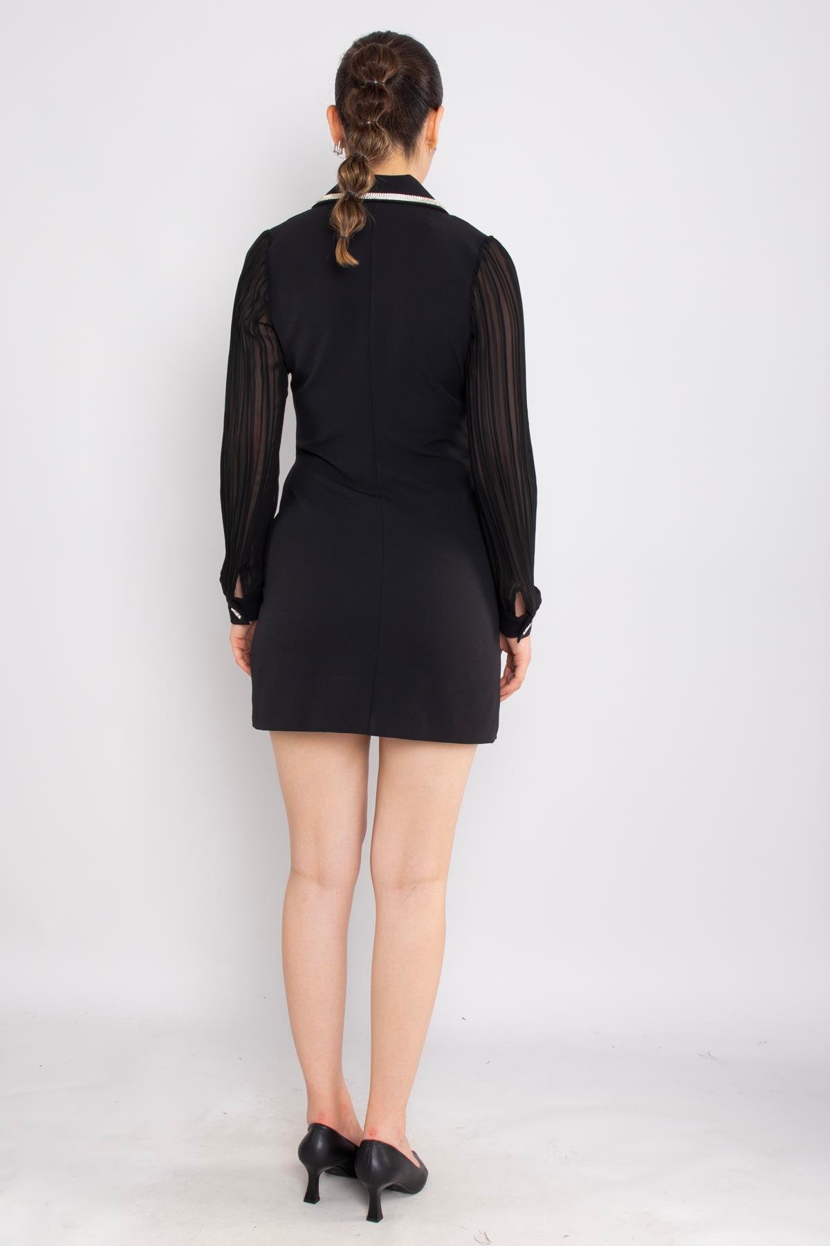 61992 Akordion Kol Yaka Taş Detay Kısa Krep Elbise