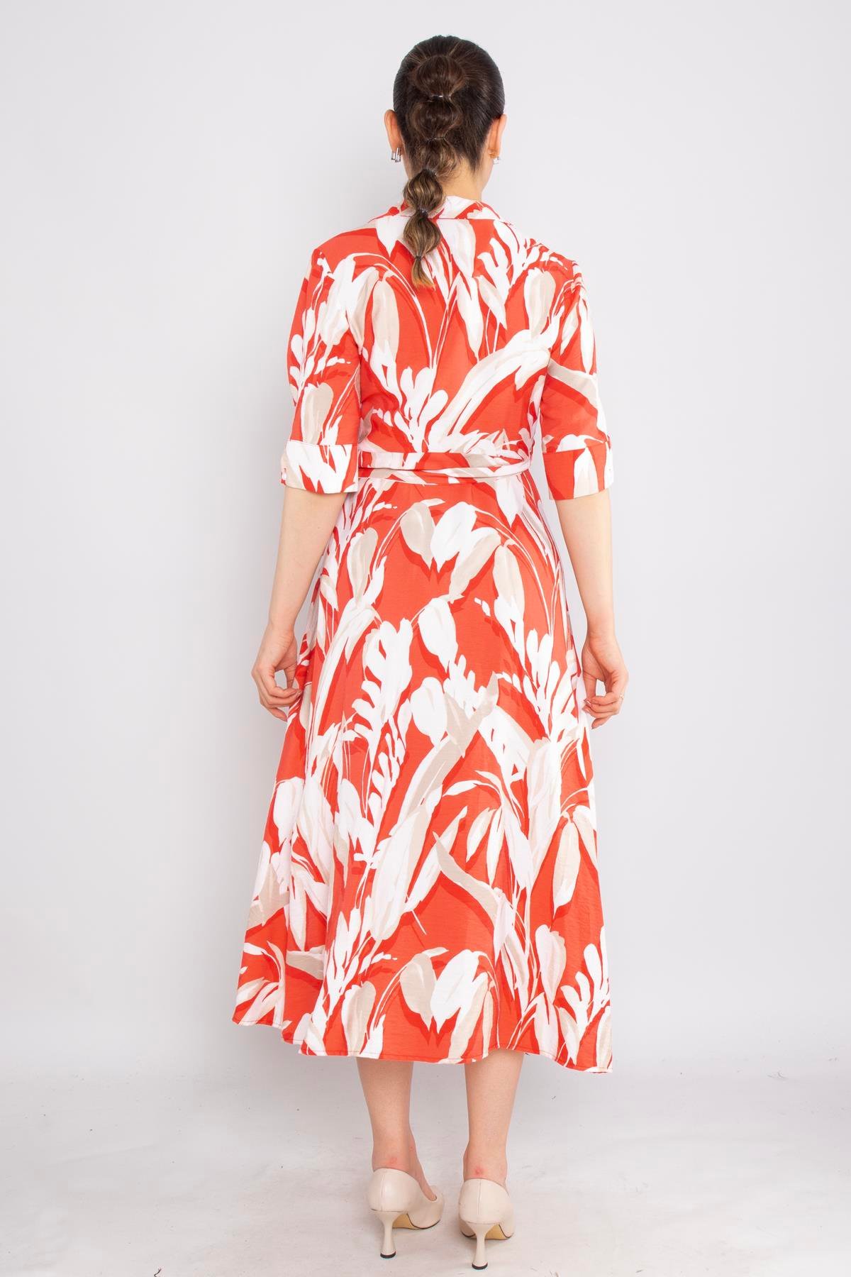 62031 Yaprak Desenli Kruvaze Yaka Viscon Kısa Elbise