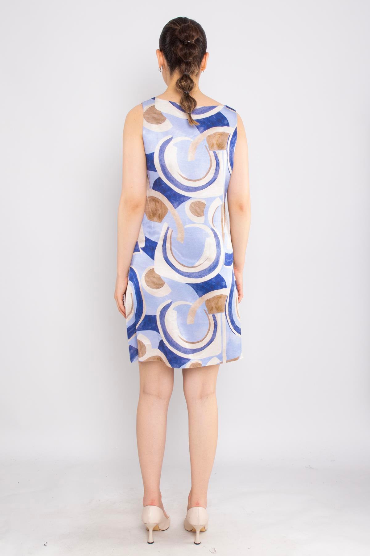 62039 Geometrik Desen Astarsız Keten Kolsuz Elbise