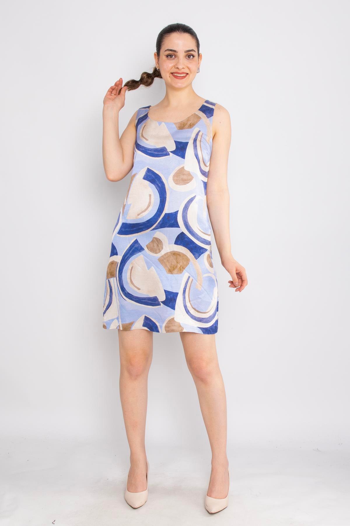 62039 Geometrik Desen Astarsız Keten Kolsuz Elbise