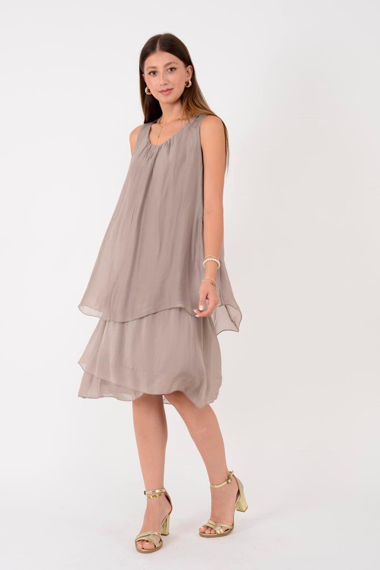 64964 Düz Desen Sıfır Yaka Astarlı Kısa İpek Elbise