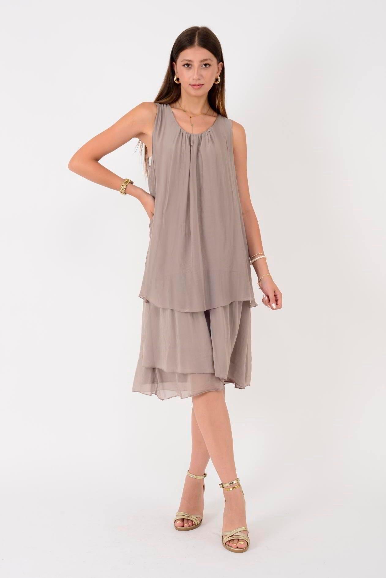 64964 Düz Desen Sıfır Yaka Astarlı Kısa İpek Elbise