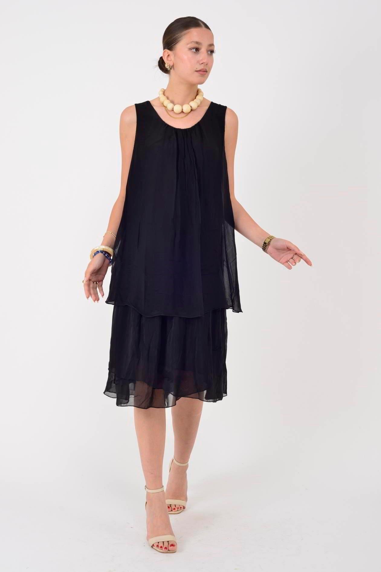 64964 Düz Desen Sıfır Yaka Astarlı Kısa İpek Elbise