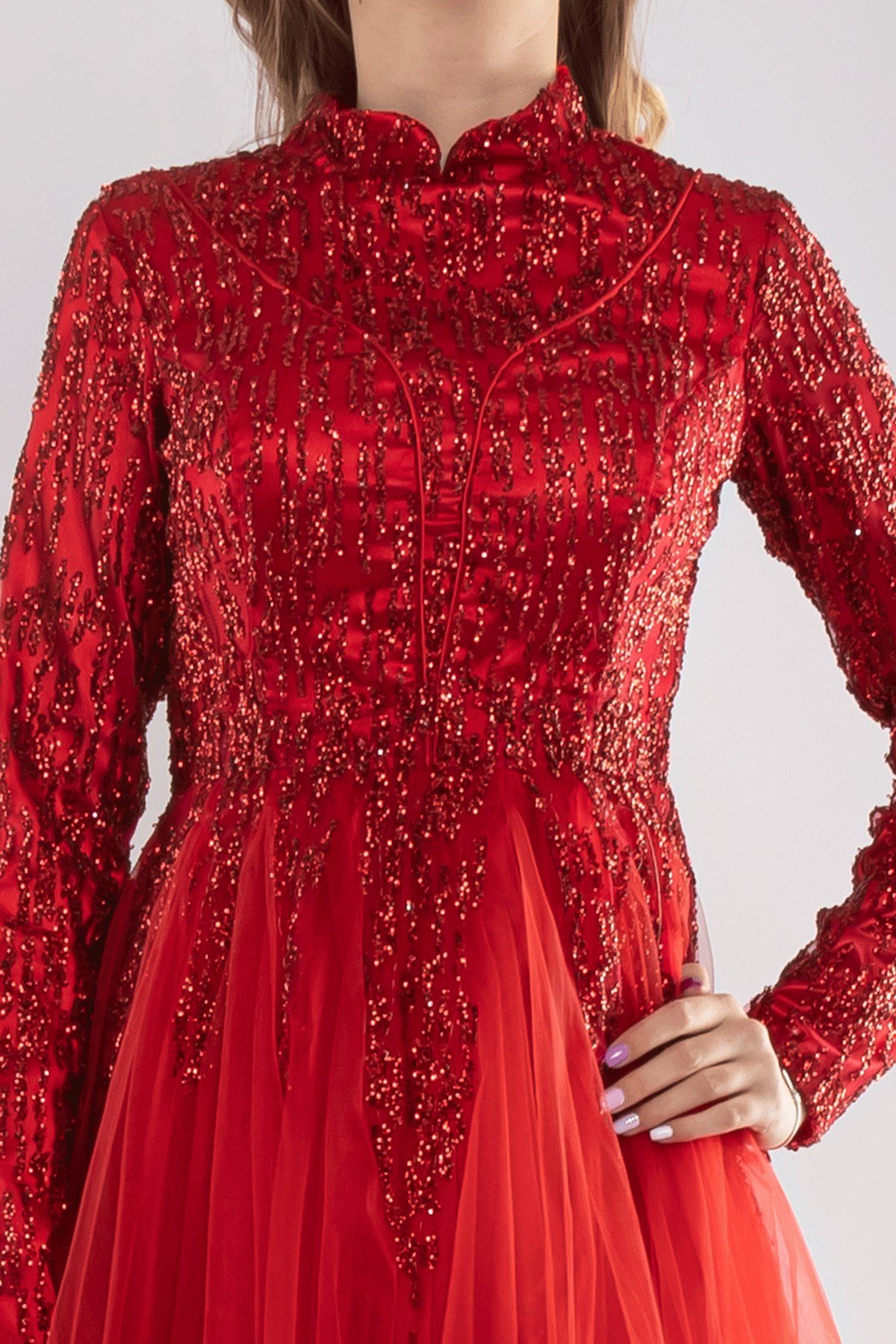 6950 Uzun Kol Sim İşli Tesettür Nişanlık Abiye Elbise