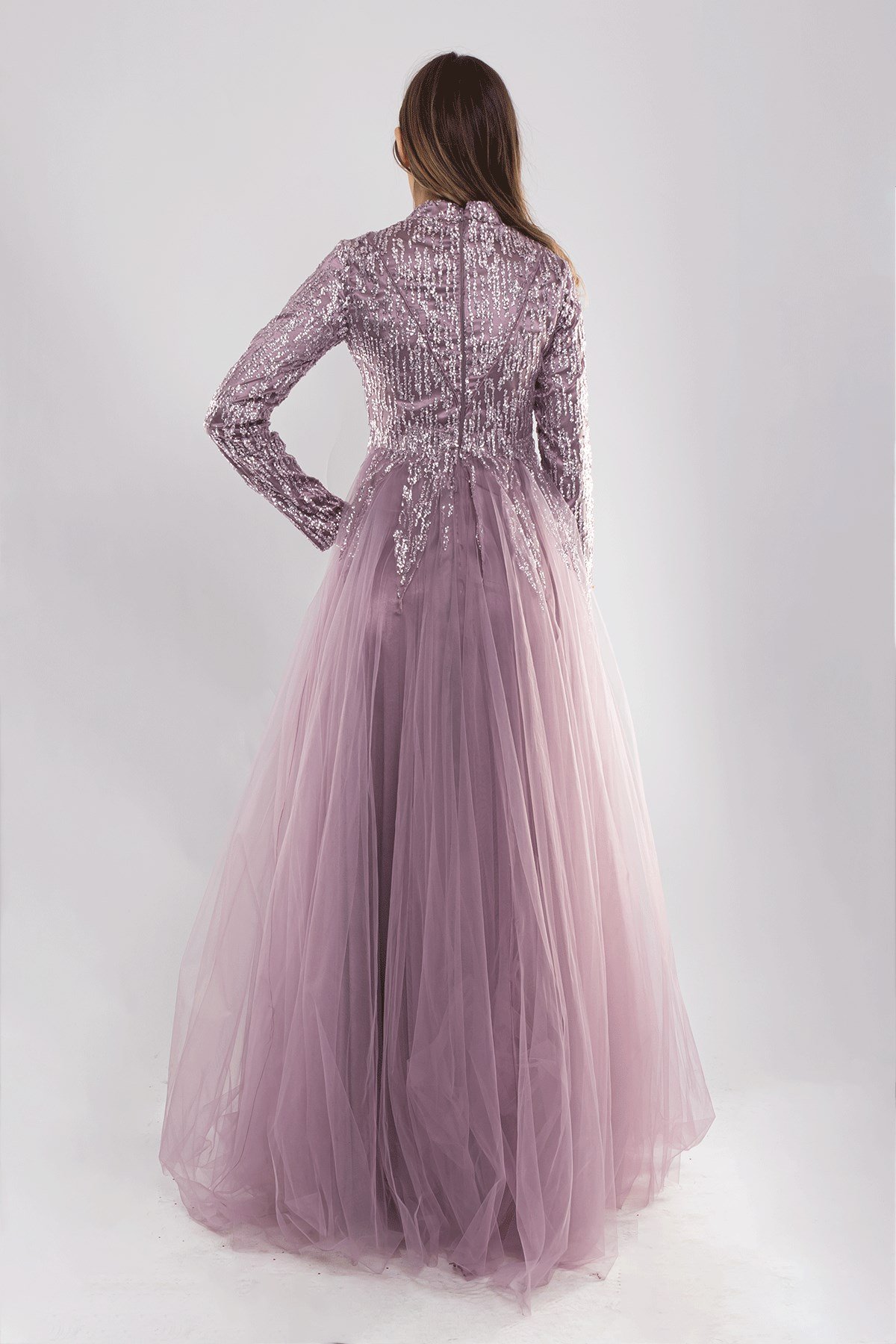 6950 Uzun Kol Sim İşli Tesettür Nişanlık Abiye Elbise