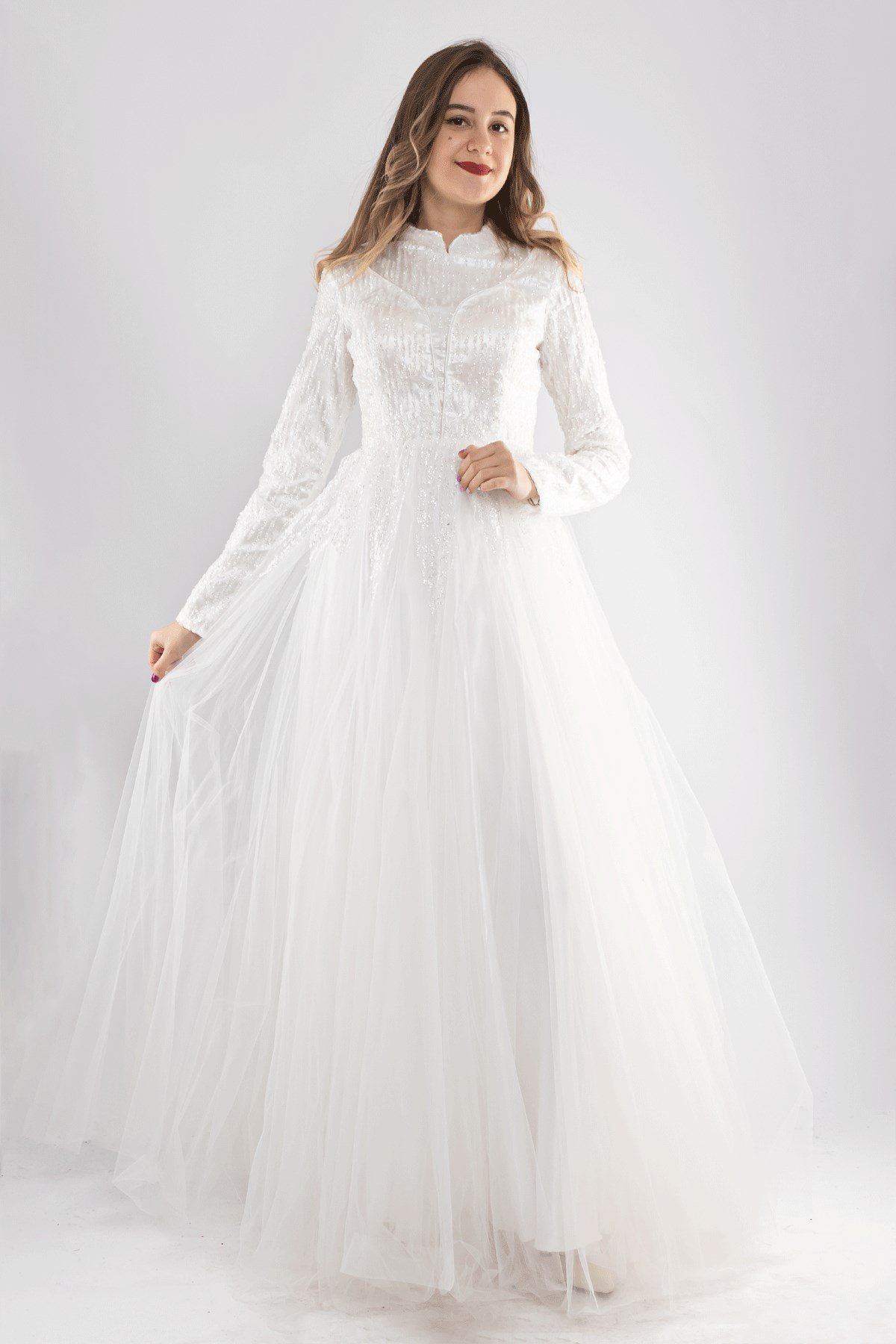 6950 Uzun Kol Sim İşli Tesettür Nişanlık Abiye Elbise