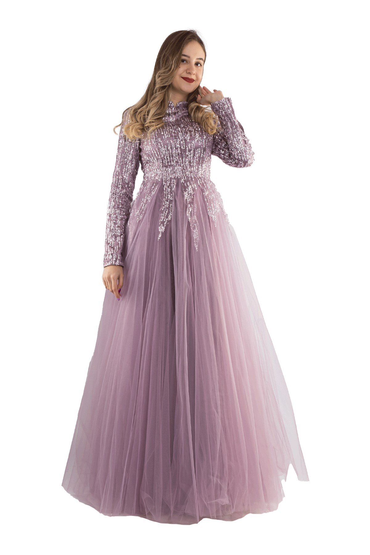 6950 Uzun Kol Sim İşli Tesettür Nişanlık Abiye Elbise