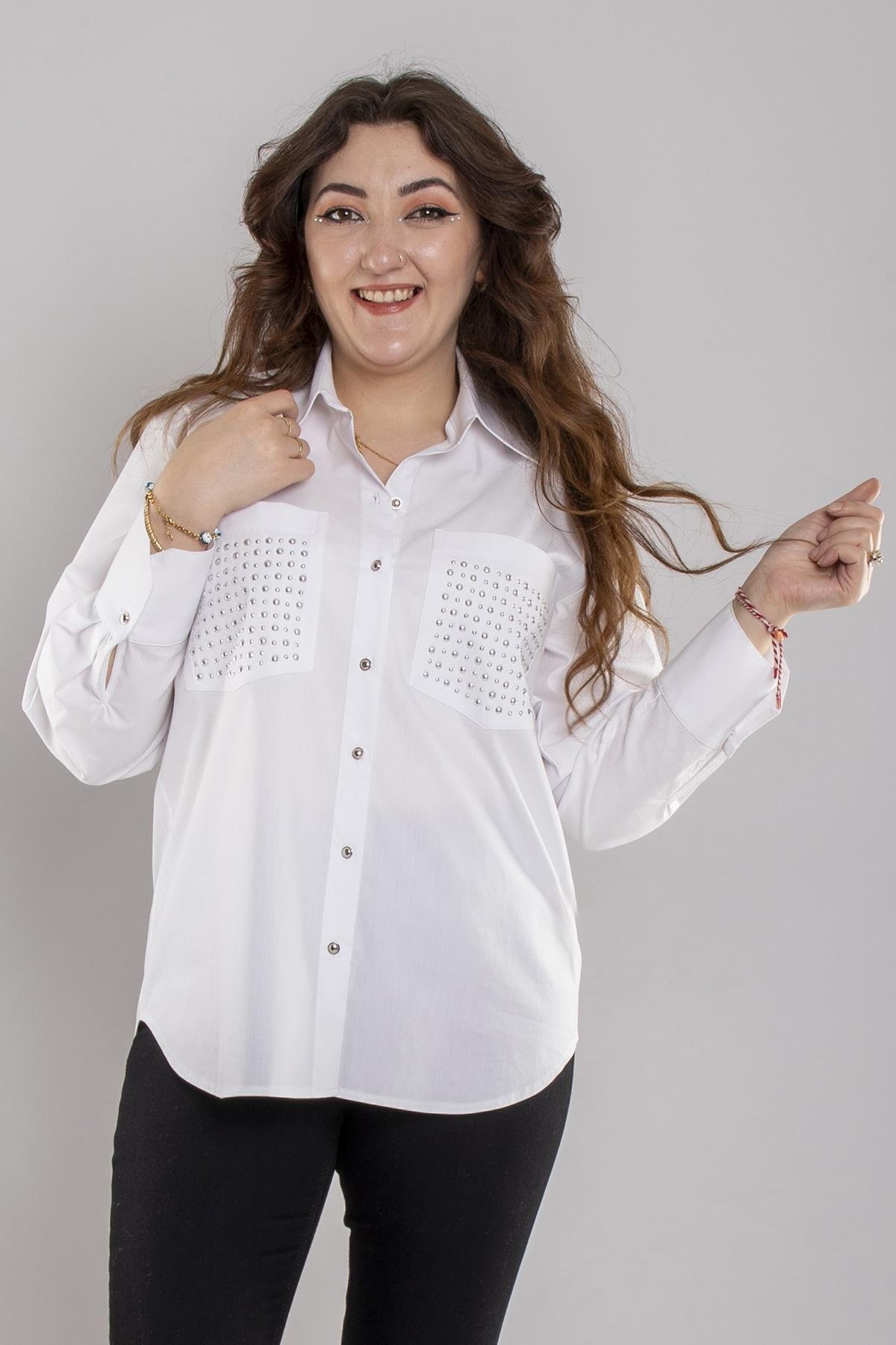 7003 Büyük Beden Cepli Zımba Detay Pamuklu Gömlek