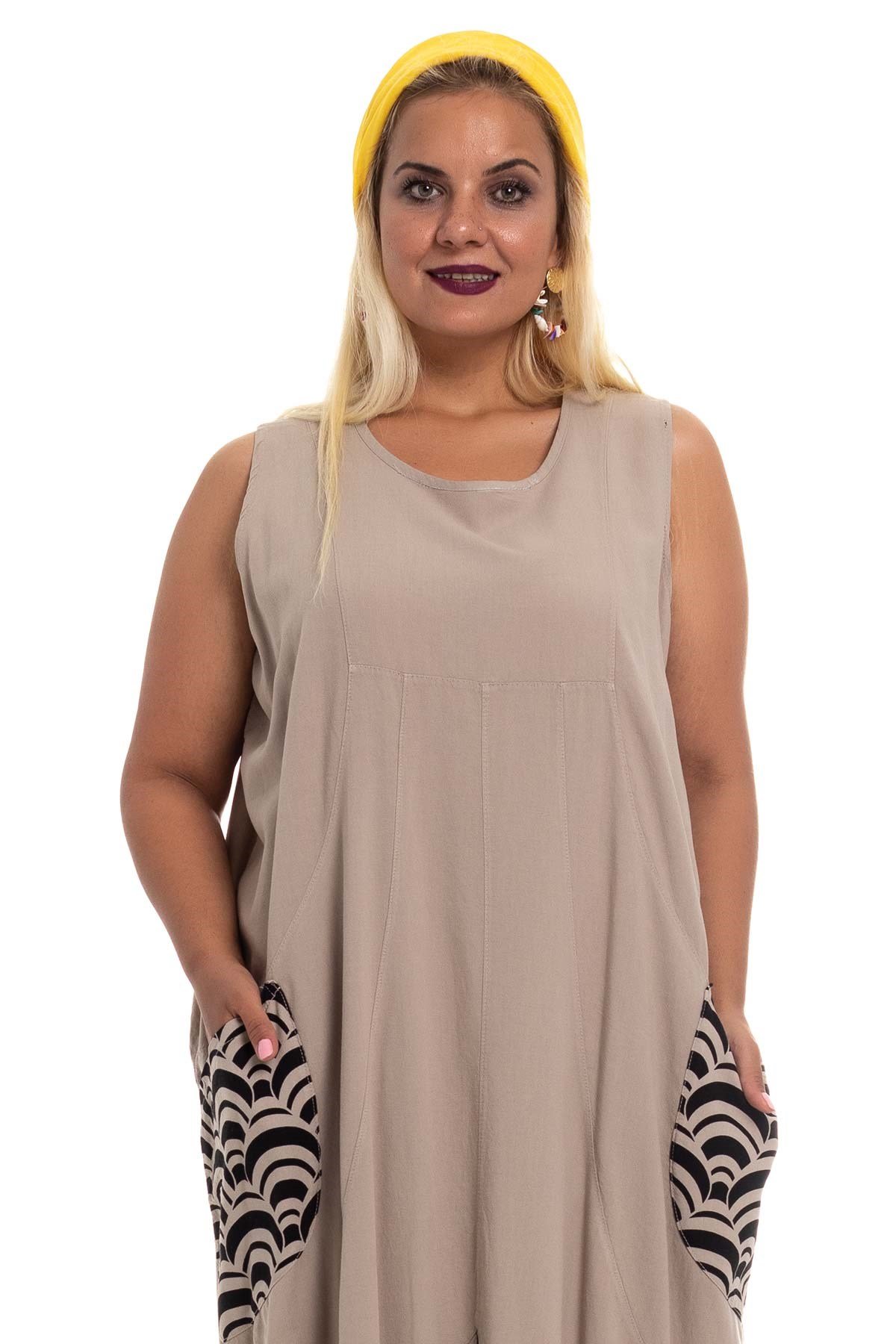 7009 EtekUcu Ve Cepleri Desenli Kolsuz Pamuk Elbise