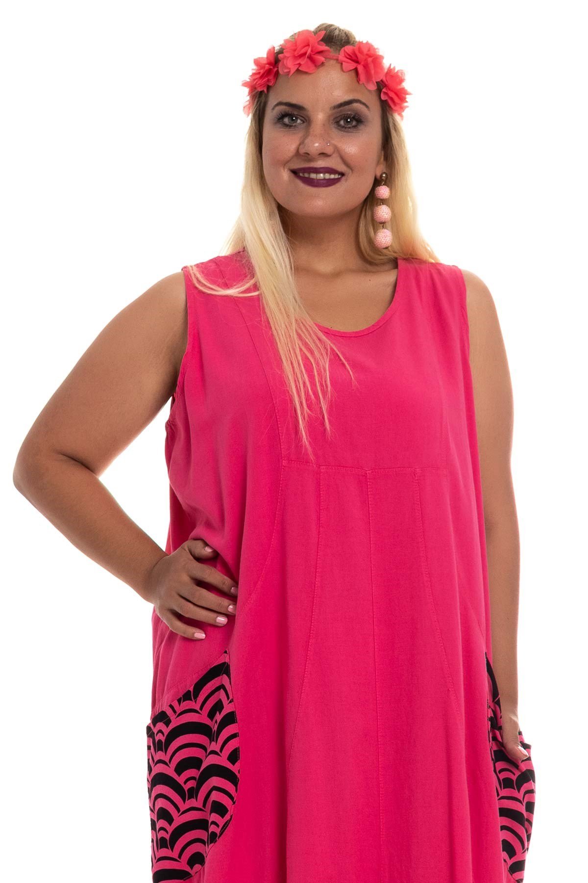 7009 EtekUcu Ve Cepleri Desenli Kolsuz Pamuk Elbise