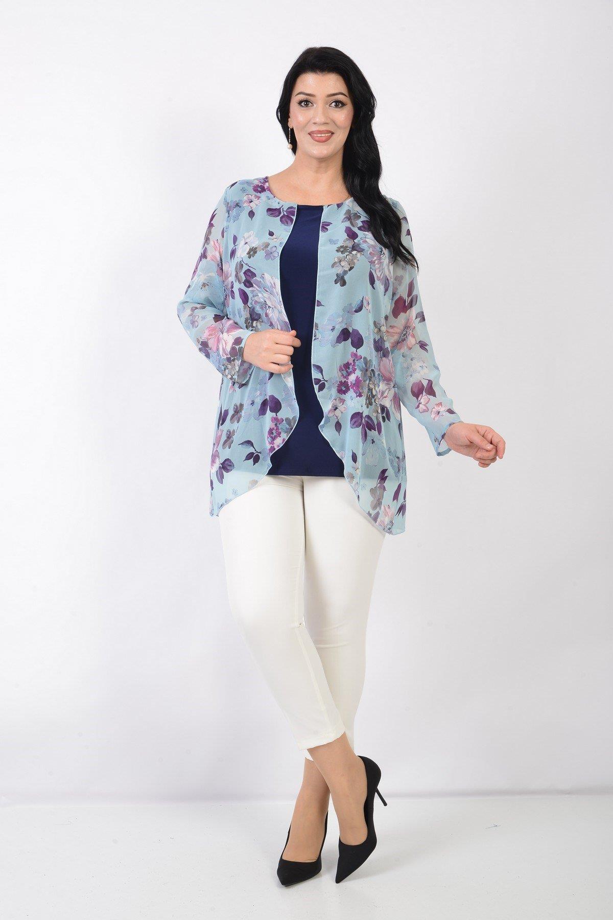 701 Büyük Beden Çiçek Desen Önü Ceket Görünümlü Şifon Bluz