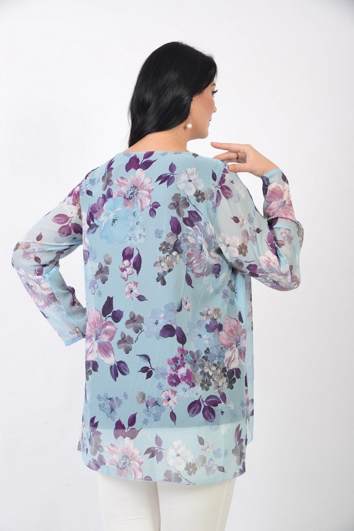 701 Büyük Beden Çiçek Desen Önü Ceket Görünümlü Şifon Bluz