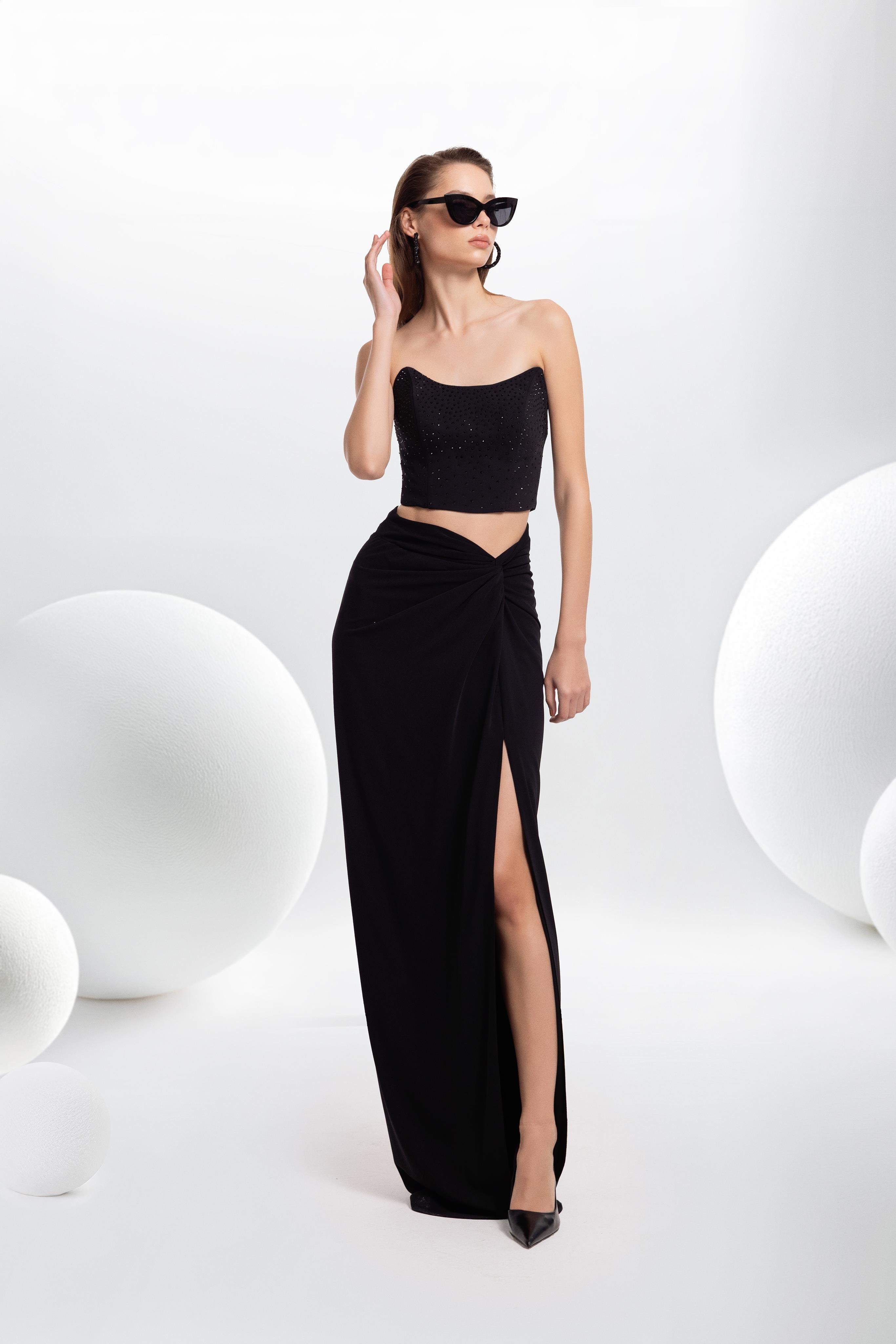 7016 Taşlı Büstiyer Etek Detay Krep Takım