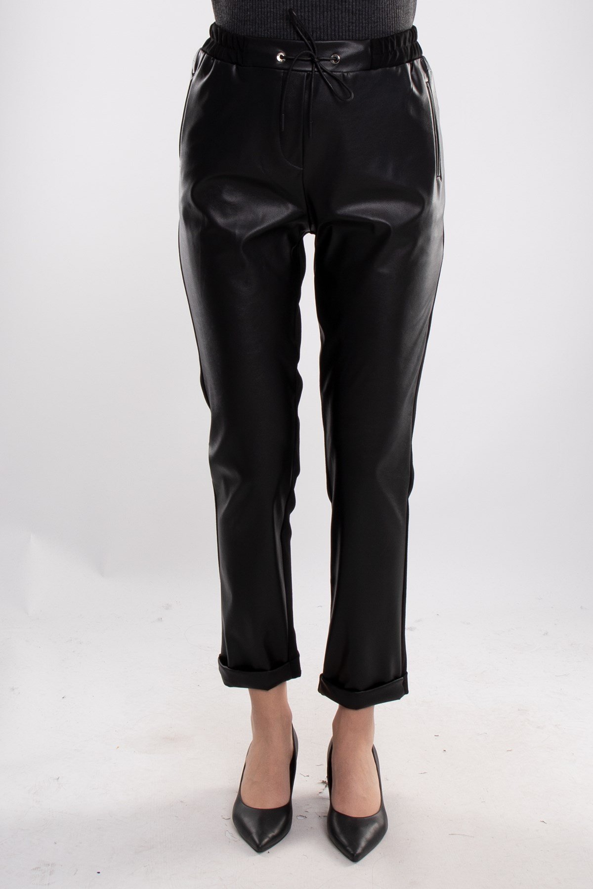 70180 Beli Lastikli Önü Deri Kadın Pantolon