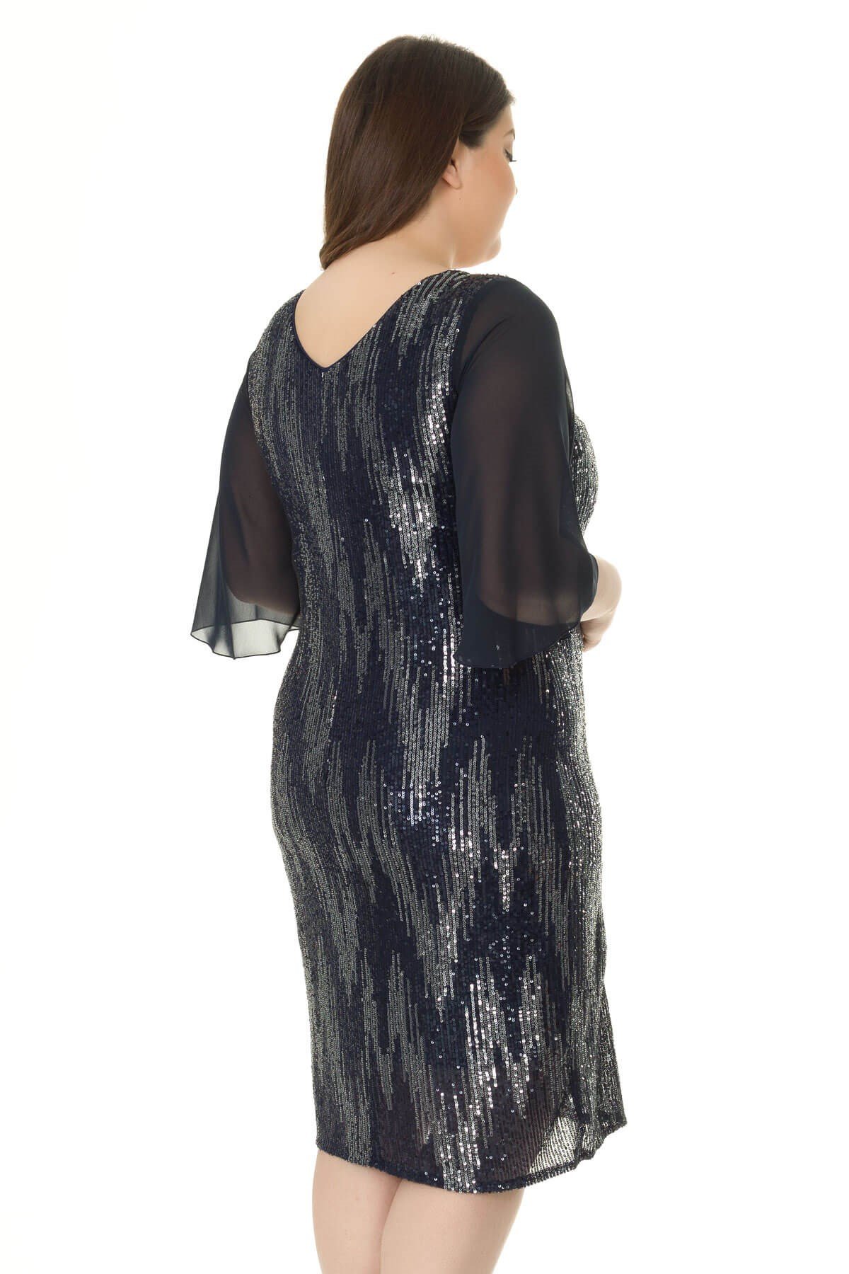 7019 BB Tül Kol Pulpayet Kısa Elbise