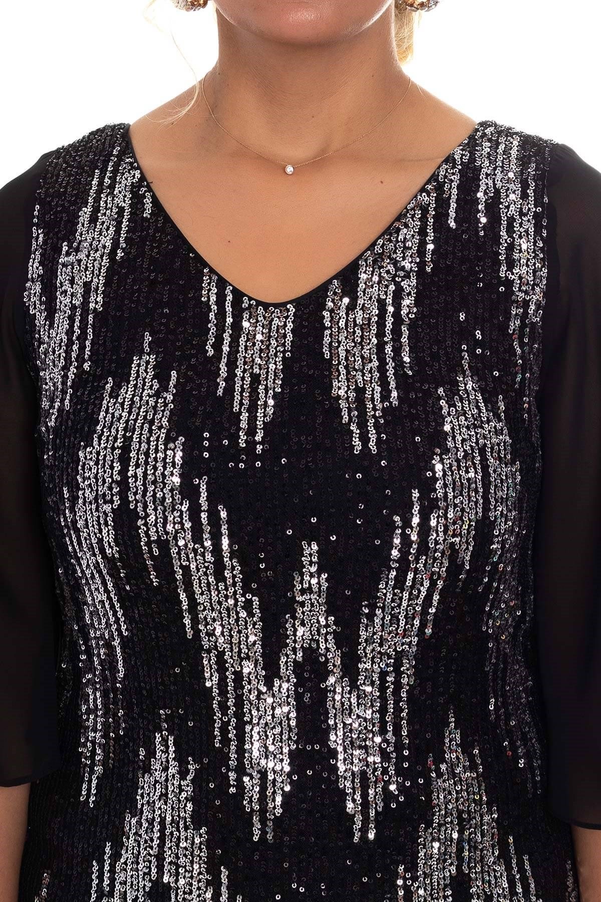 7019 BB Tül Kol Pulpayet Kısa Elbise