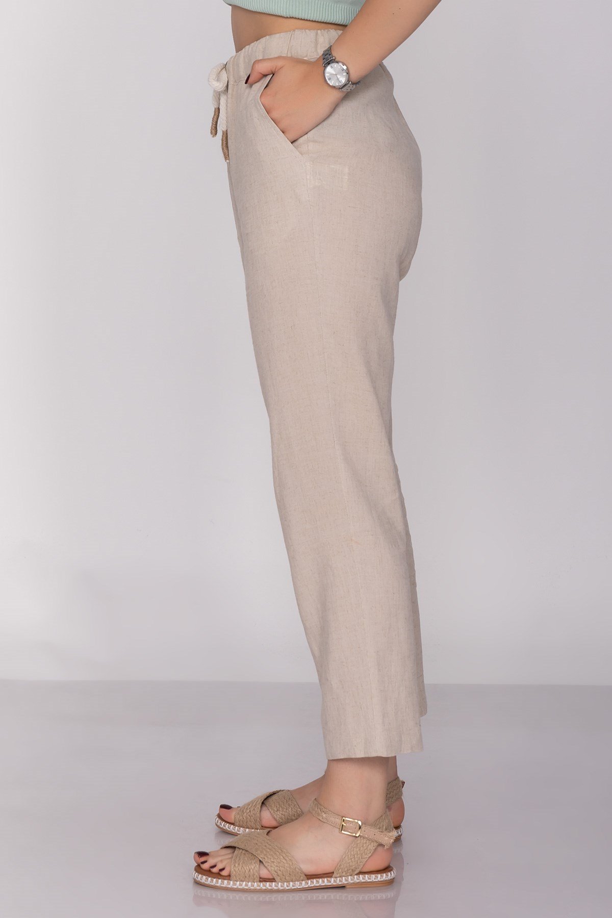 70252 Beli İpli Cepli Salaş Keten Pantolon