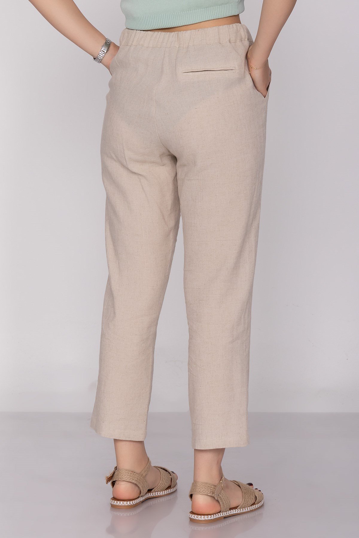 70252 Beli İpli Cepli Salaş Keten Pantolon
