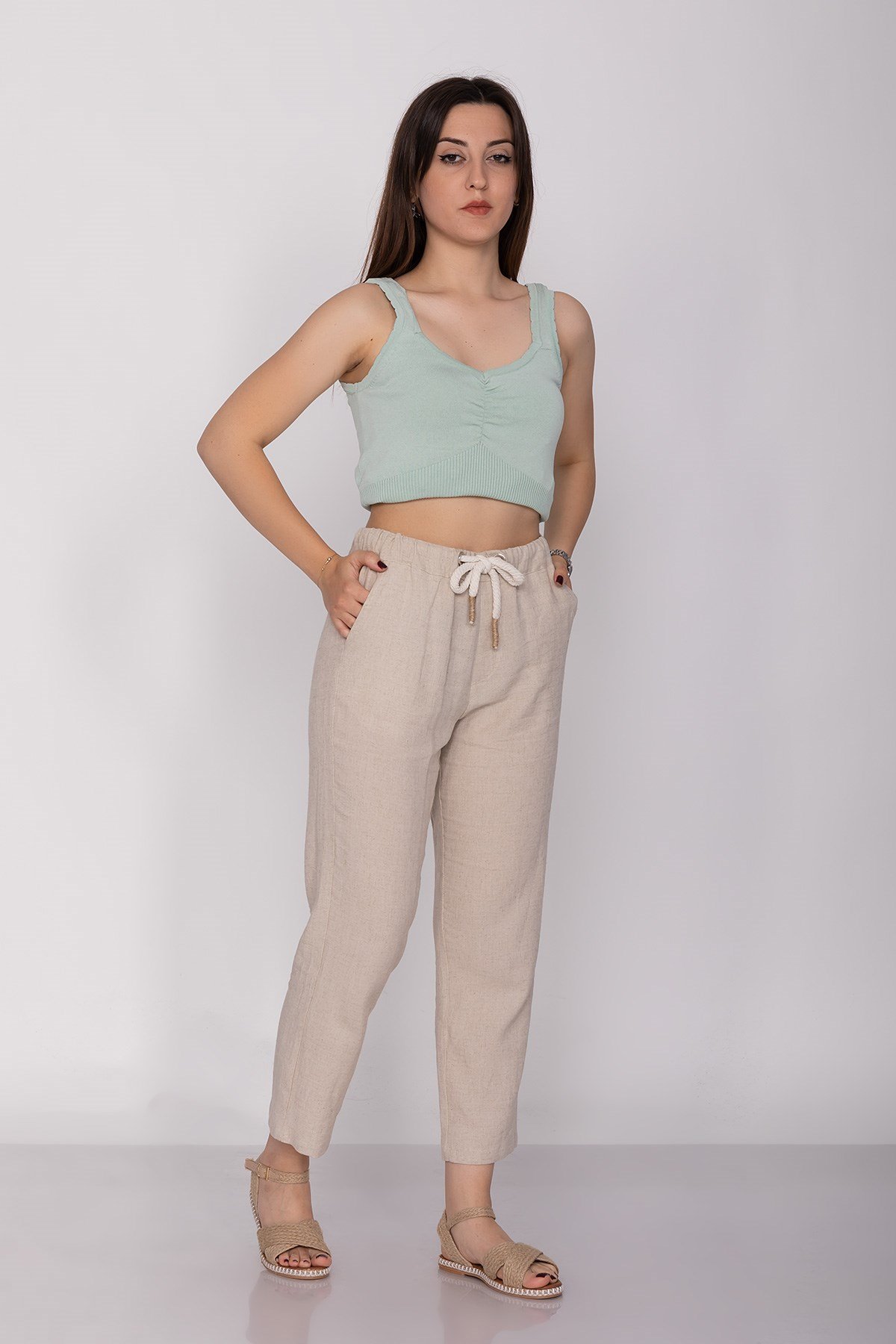 70252 Beli İpli Cepli Salaş Keten Pantolon