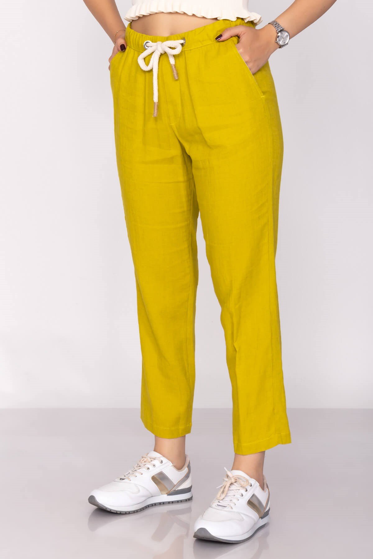 70252 Beli İpli Cepli Salaş Keten Pantolon