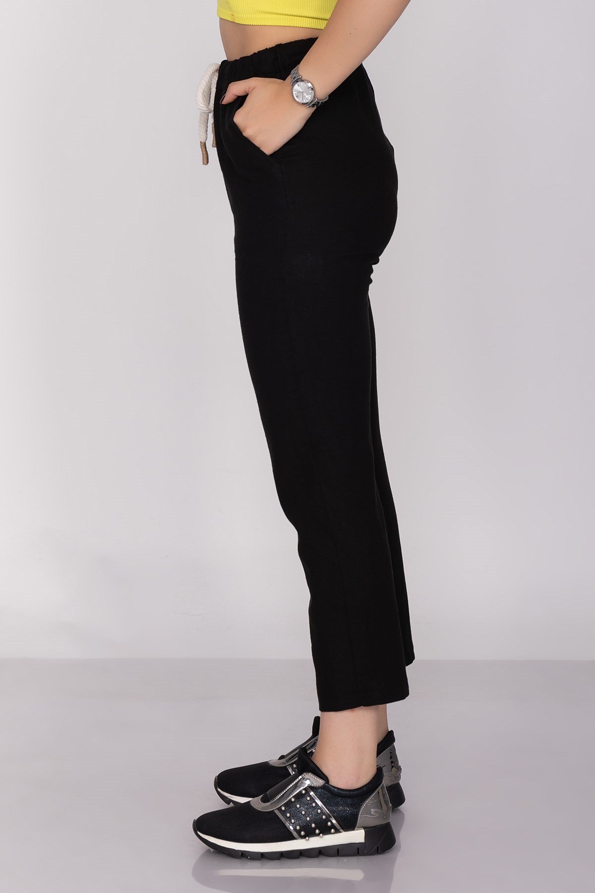 70252 Beli İpli Cepli Salaş Keten Pantolon