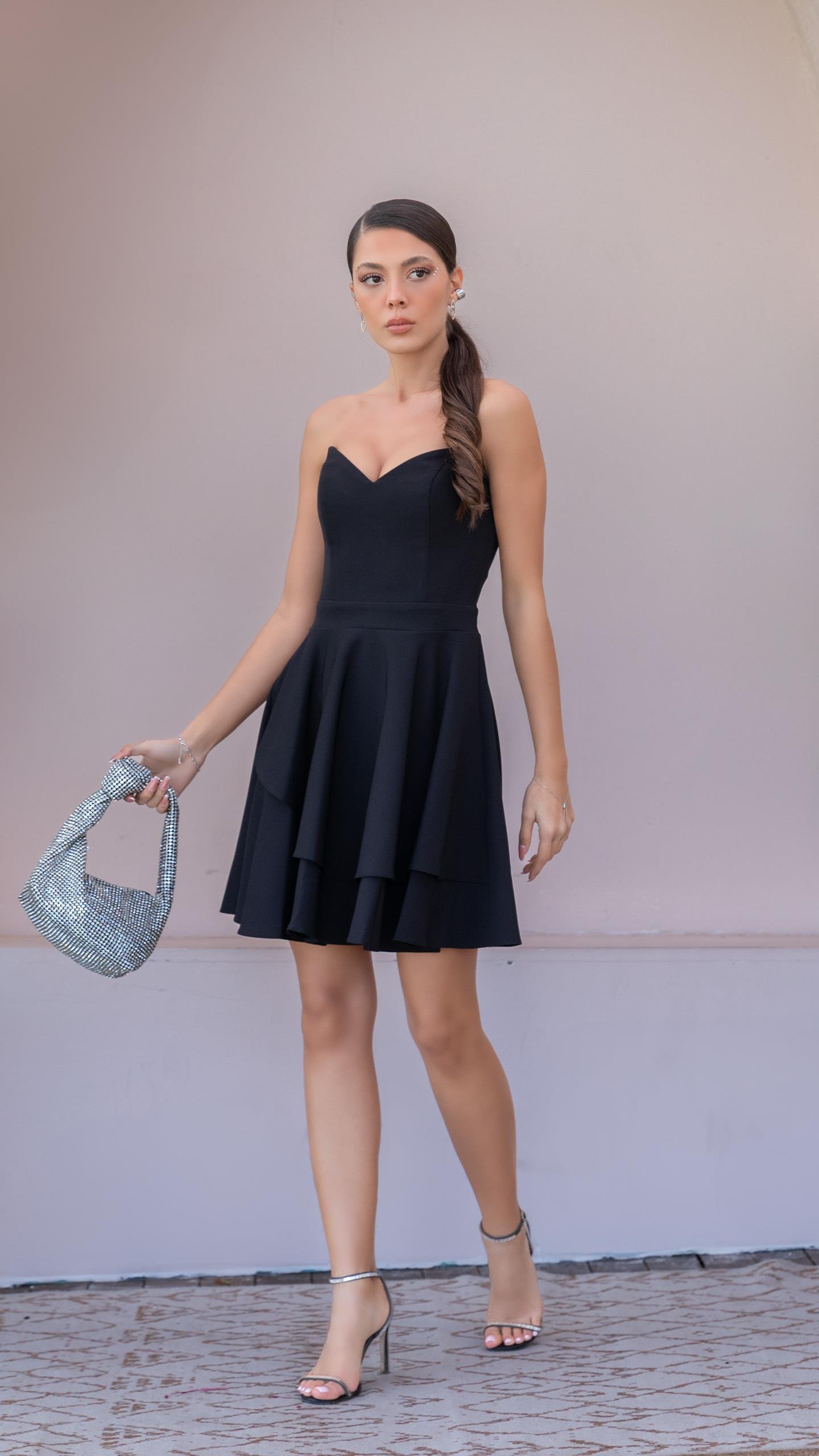 7026 Büyük Beden Straplez Eteği KatkatKrep Mini Elbise