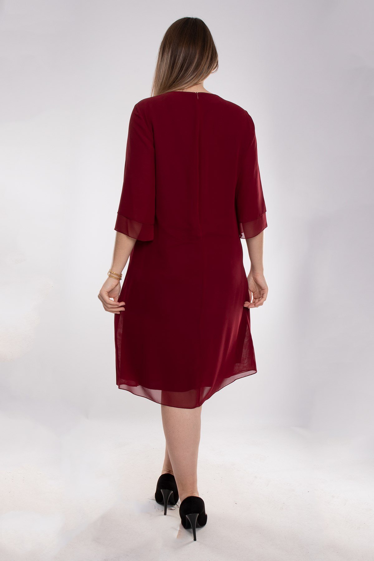 7030 Büyük Beden SuYolu Taş Kolyeli Krep Şifon Elbise