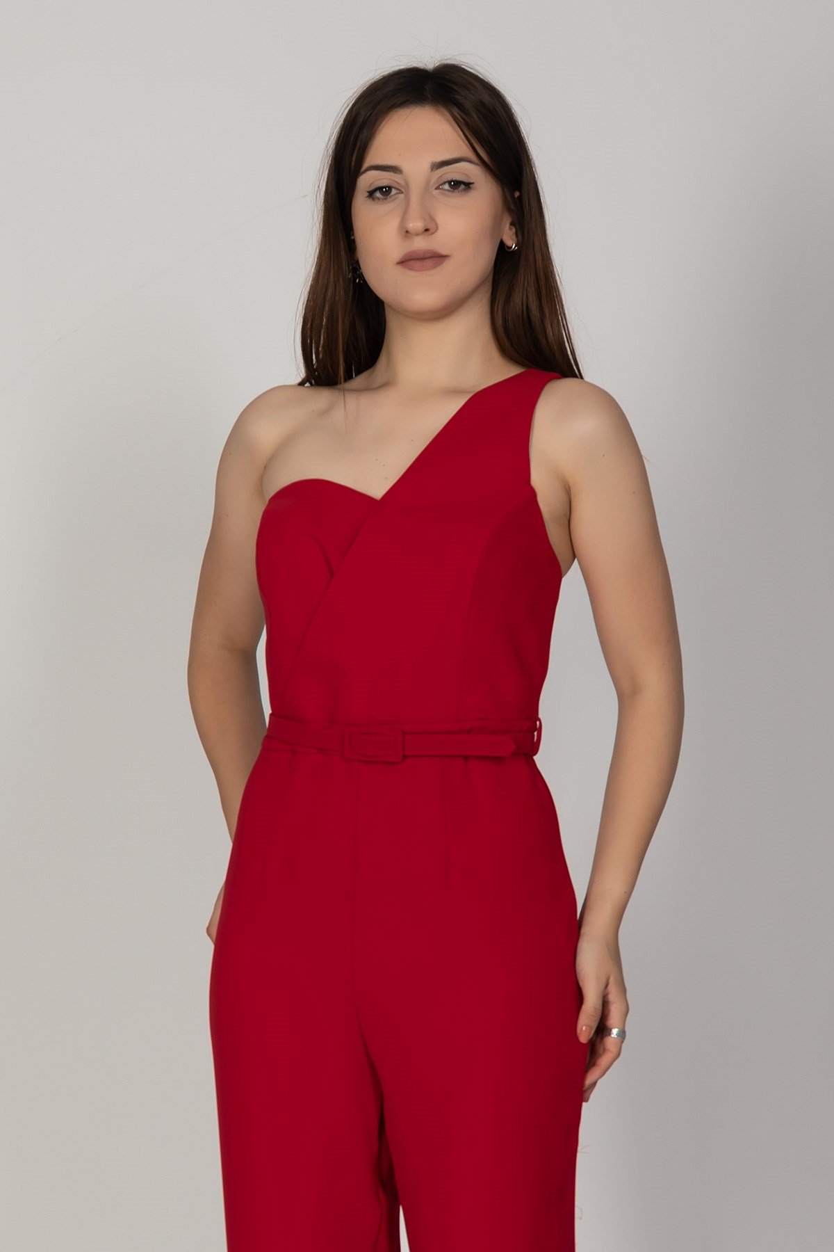 70302 Tek Omuz Beli Kemerli Önü Kruvaze Krep Abiye Tulum