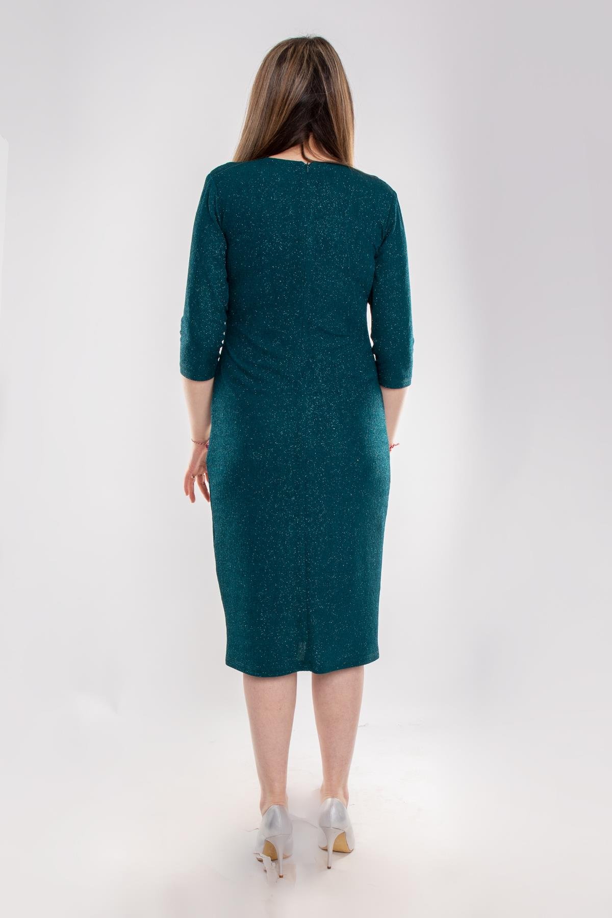 7040-1-133 Büyük Beden Kruvaze Yaka Simli Kumaş Kısa Elbise