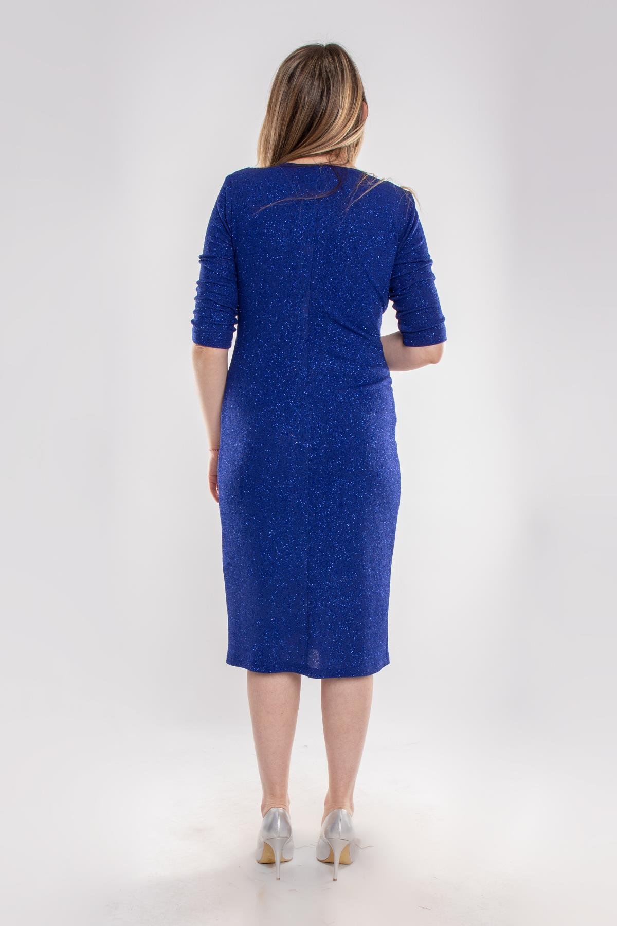 7040-1-133 Büyük Beden Kruvaze Yaka Simli Kumaş Kısa Elbise