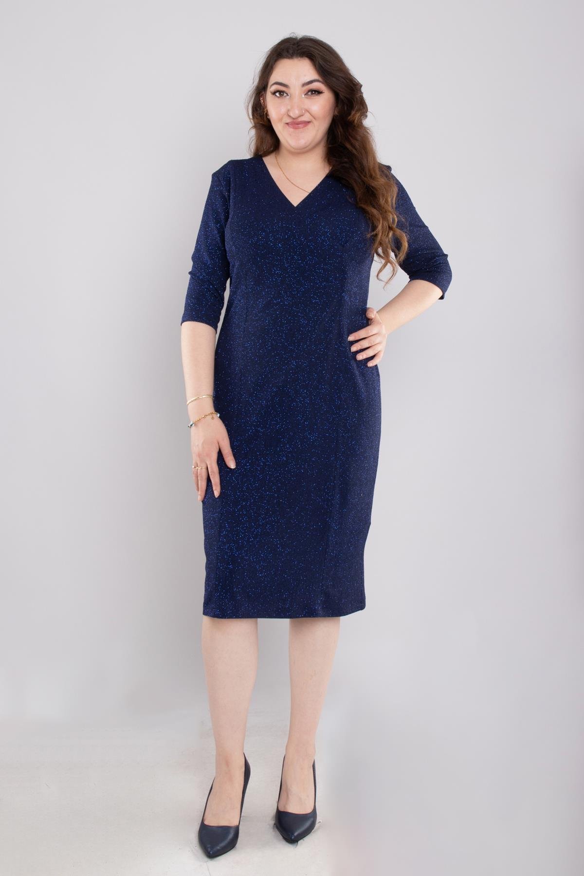 7040-1(109) Büyük Beden Kruvaze Yaka Simli Kumaş Kısa Elbise