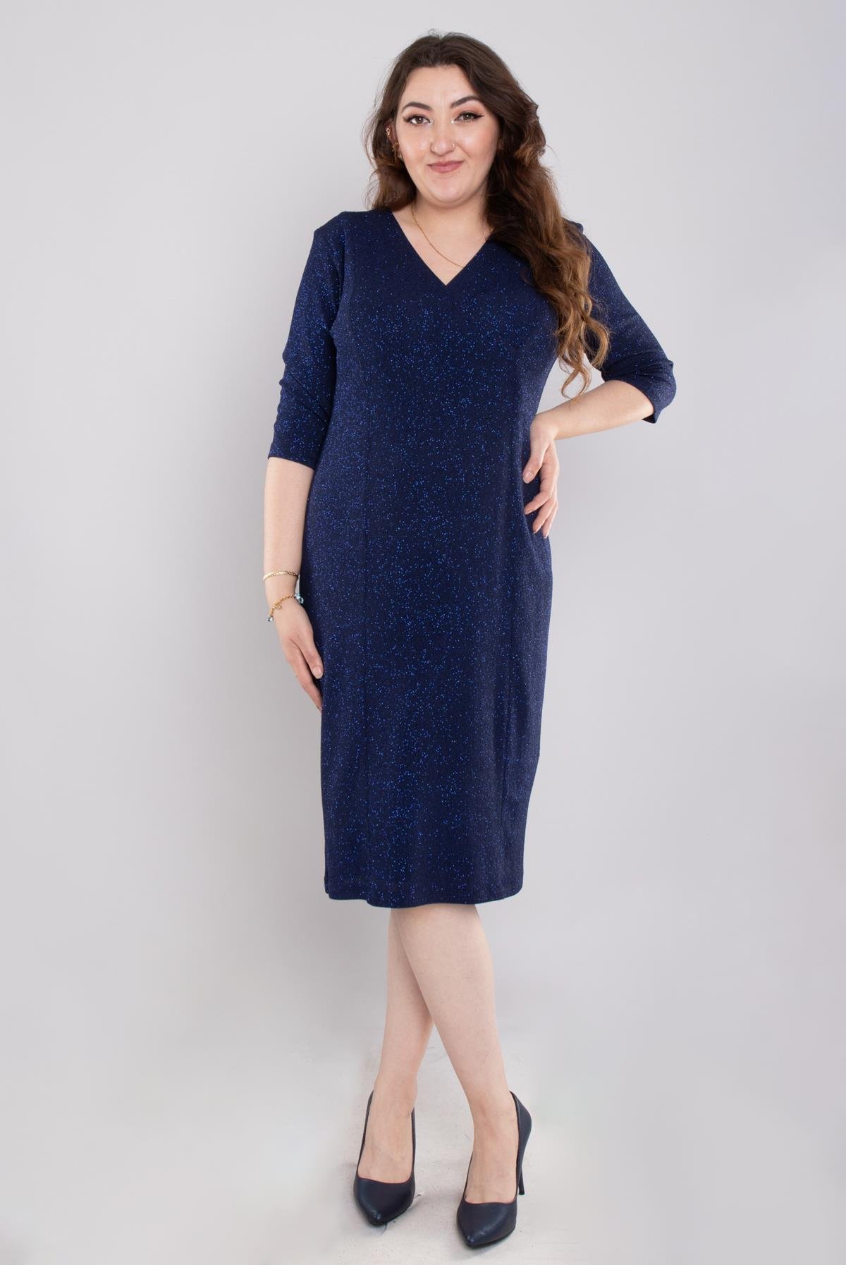 7040-1(109) Büyük Beden Kruvaze Yaka Simli Kumaş Kısa Elbise