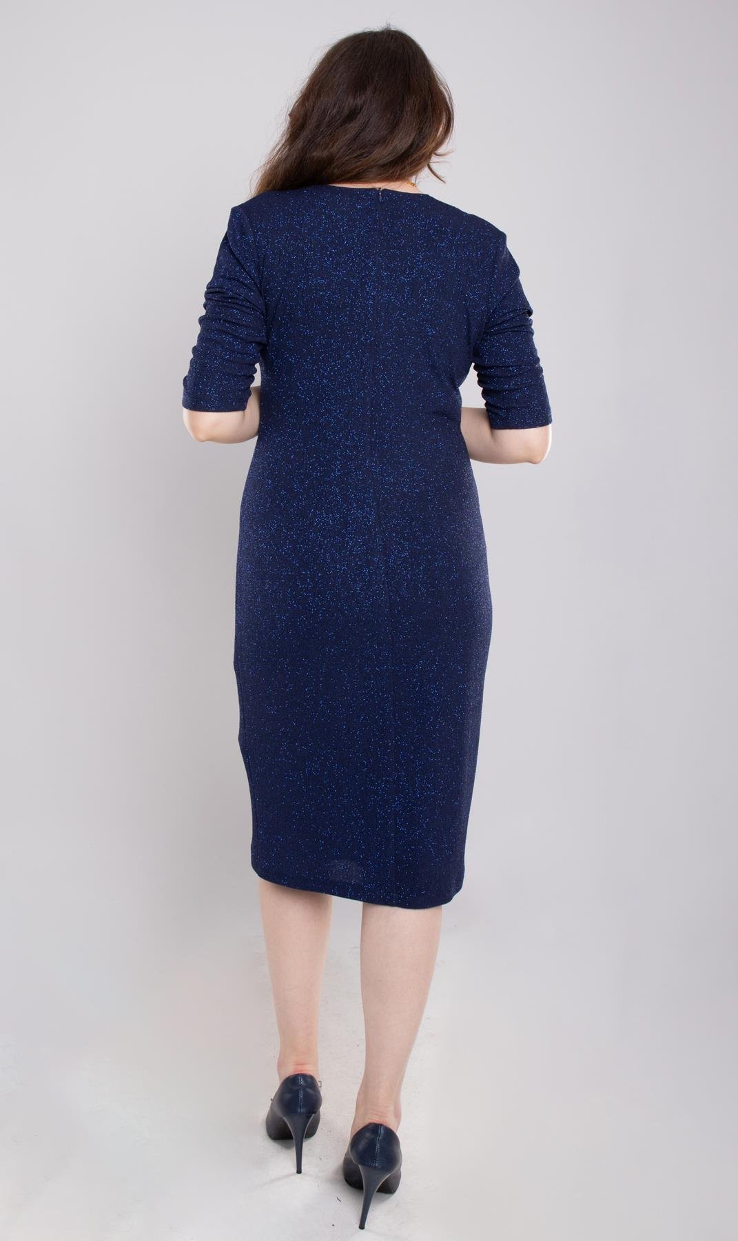 7040-1(109) Büyük Beden Kruvaze Yaka Simli Kumaş Kısa Elbise