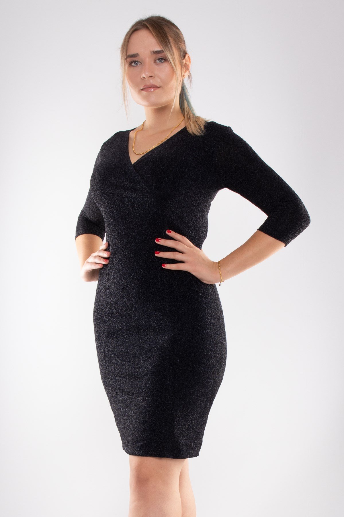 7040-3 Büyük Beden Kruvaze Yaka Simli Truvakar Kol Kısa Elbise