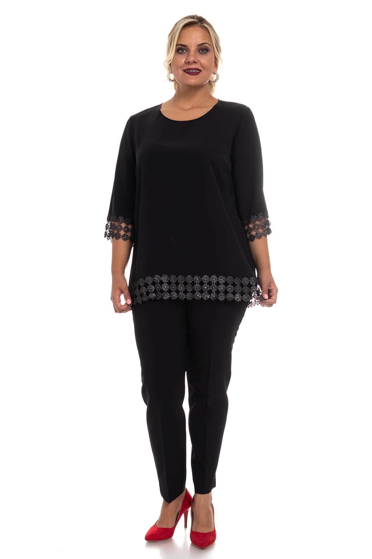 7041 Kolu ve Etek Ucu Papatya Güpür Büyük Beden Bluz