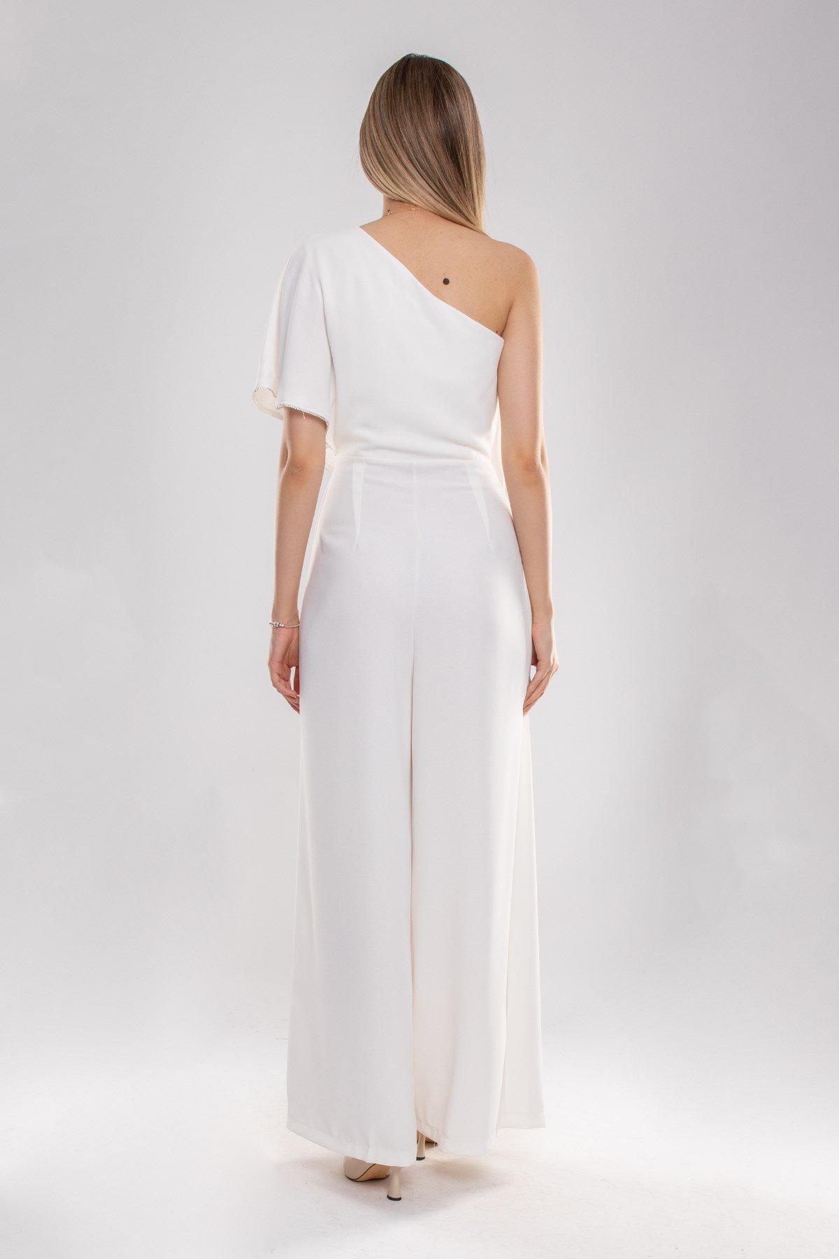 70441 Sıra Taşlı Tek Omuz Şal Detay Krep Abiye Tulum