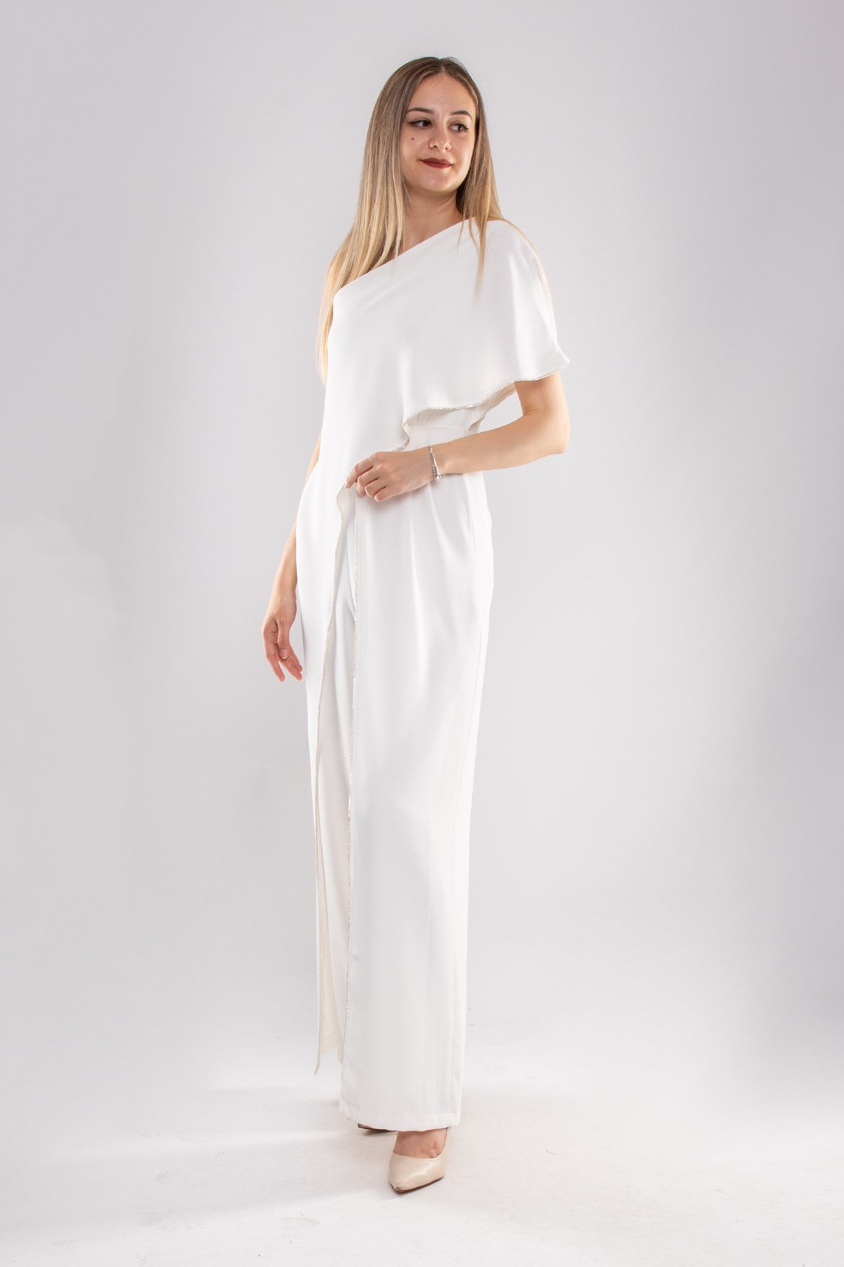 70441 Sıra Taşlı Tek Omuz Şal Detay Krep Abiye Tulum