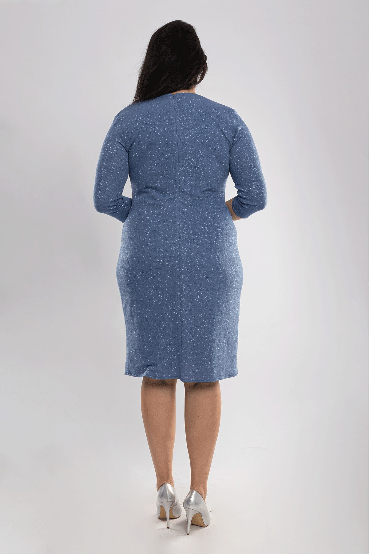 7046 Büyük Beden Kruvaze Yaka Piliseli Simli Kısa Elbise