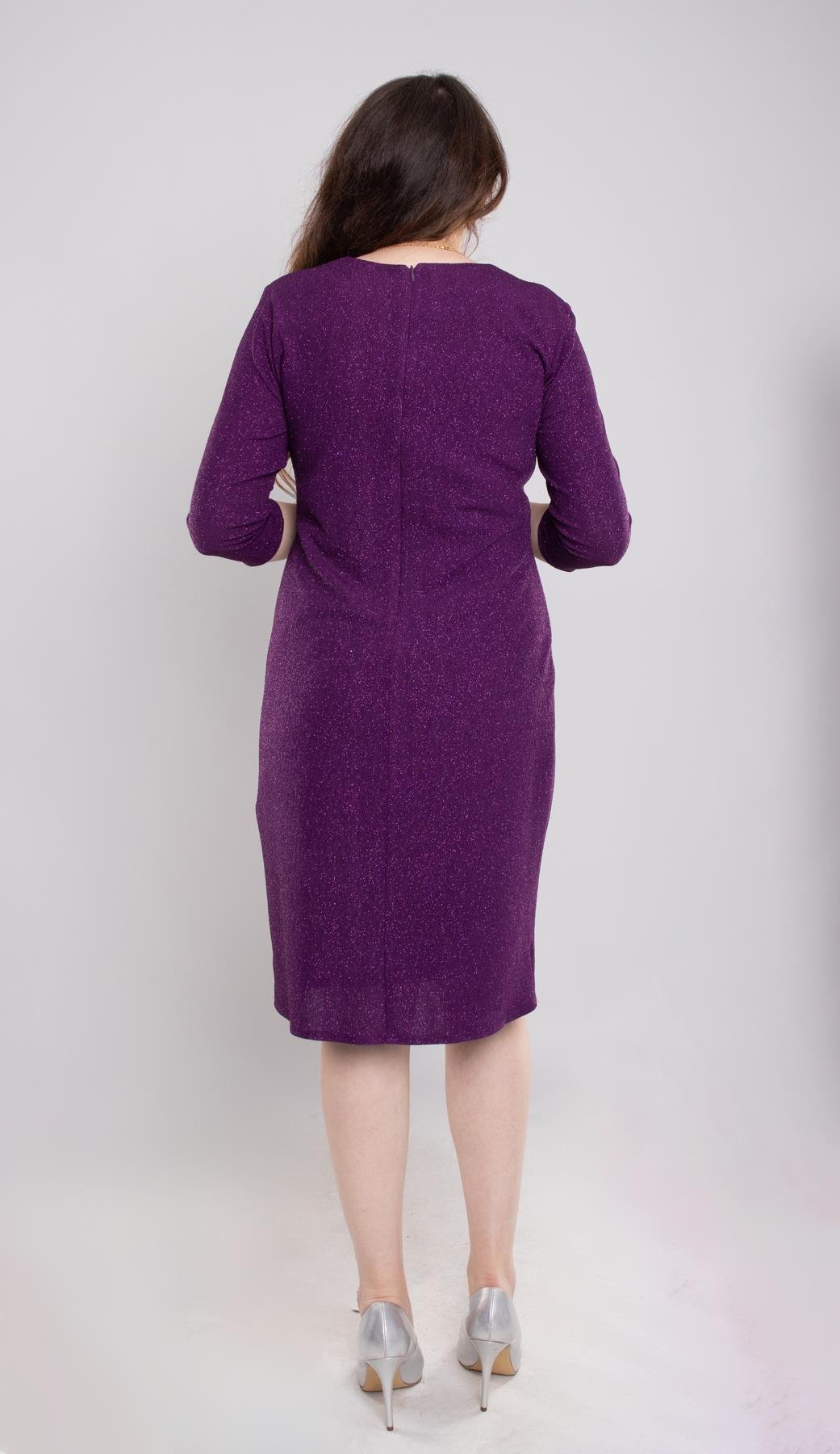 7046(104) Büyük Beden Kruvaze Yaka Piliseli Simli Kısa Elbise