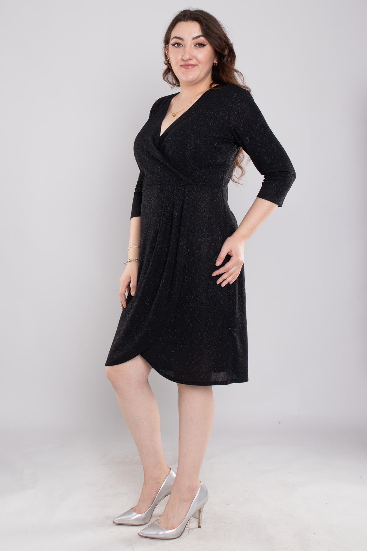 7046(104) Büyük Beden Kruvaze Yaka Piliseli Simli Kısa Elbise