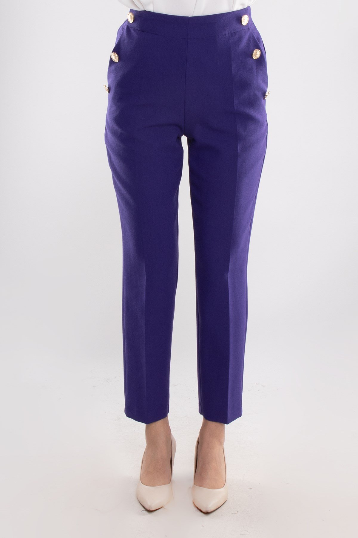 70503 Beli Lastikli Gold Düğmeli Krep Kadın Pantolon
